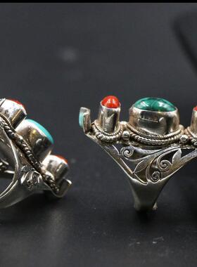 尼泊尔饰品手工925银绿松石戒指男女开口指环马鞍个性复古民族风