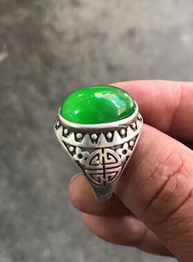 苗族银饰戒指白铜镀银镶嵌绿宝石指环复古做旧戒指男女款指环