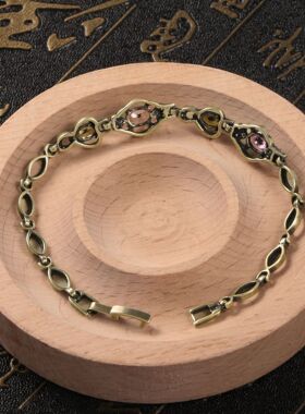 外贸跨境复古彩钻手链女黄铜做旧链子潮流时尚中古恋爱礼物铜手链