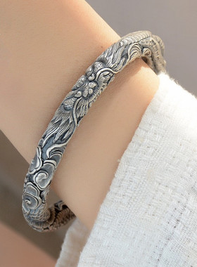 男款银手镯云南手工雪花银镯复古单龙头纹银手镯新款霸气手镯民族