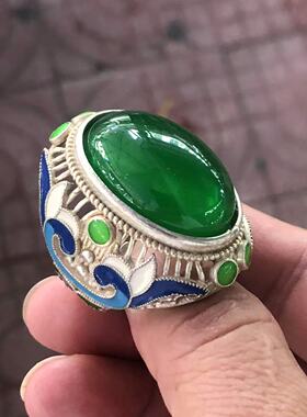 古玩杂项收藏仿古大清乾隆年制大号白铜镀银景泰蓝戒指绿珠子戒指