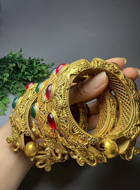 鎏金复古镂空龙头手镯古老工艺