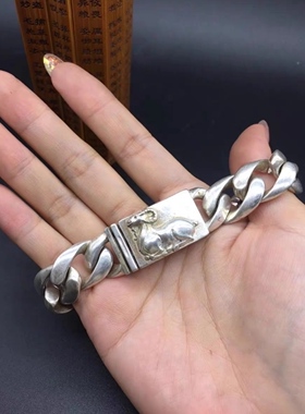 做旧白铜镀银苗族银手工制造银链手链男女霸气银饰生肖羊手镯