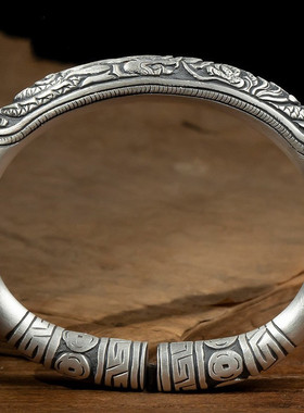 手工银饰祥云龙纹纯银手镯马蹄形男女款开口银手镯足银复古工艺