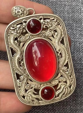 仿古做旧老银双龙戏珠吊坠苗银饰品项链镶嵌红宝石男女款毛衣链