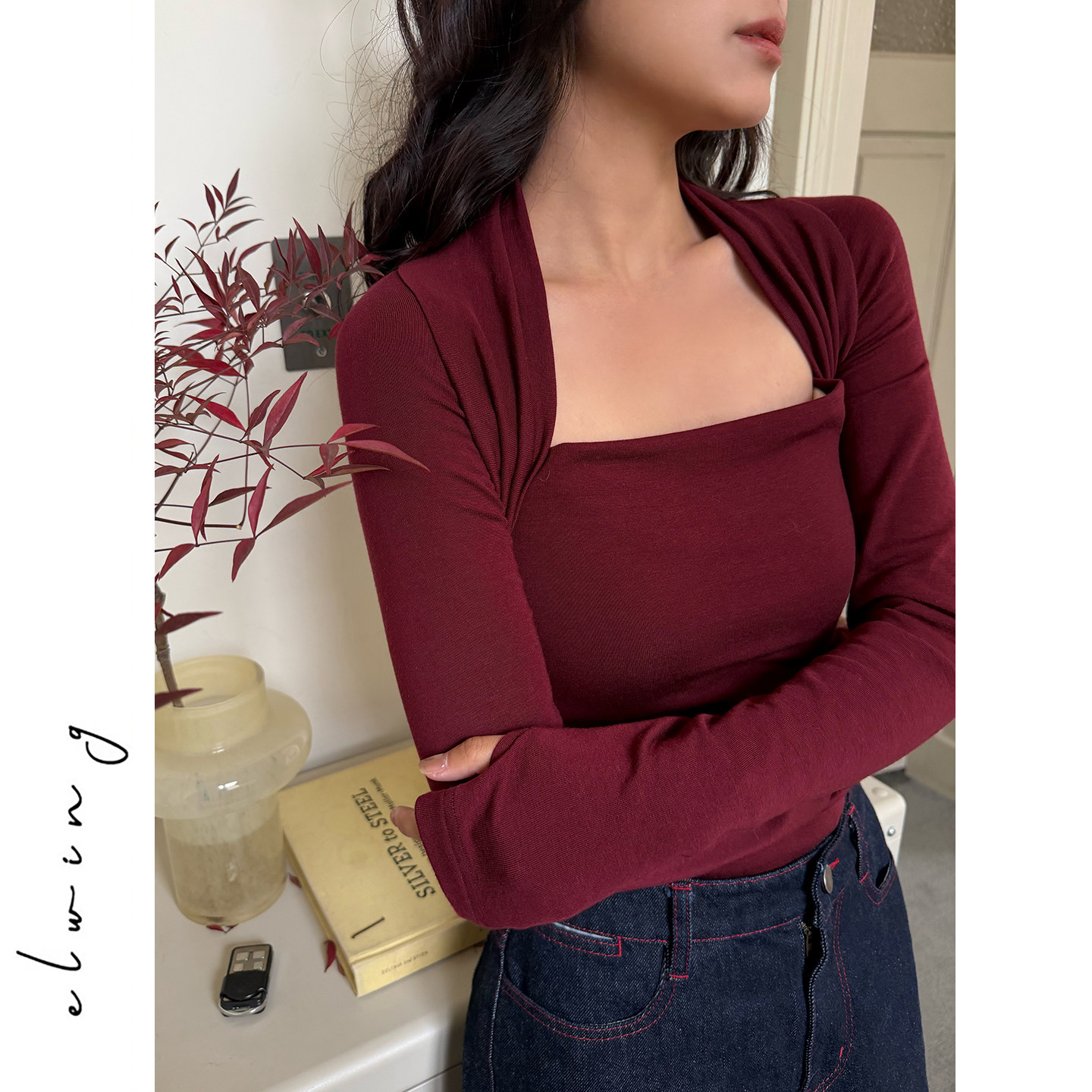 Elwing原创复古天丝羊毛针织衫假两件显瘦修身方领长袖打底衫上衣,淘宝优惠券,粉丝福利购,淘宝优惠卷