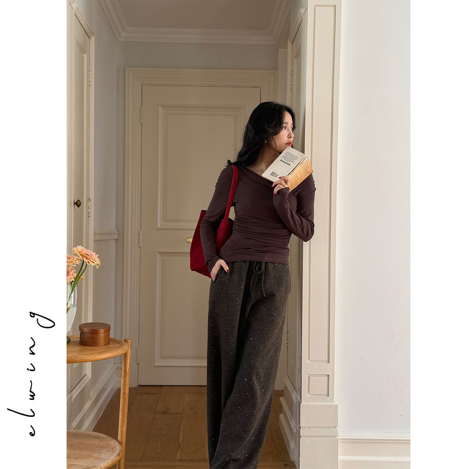 Elwing原创轻奢星空羊毛亮片针织羊毛简洁直筒阔腿西装裤卫裤