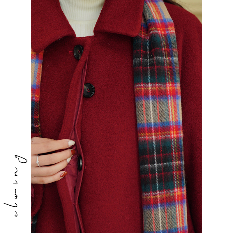 Elwing原创2024冬季新款复古绛红色高领长款羊毛大衣新年毛呢外套-图3