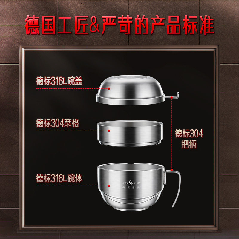 三四钢不锈钢饭盒316L食品级饭缸学生上班族食堂打饭专用碗快餐杯