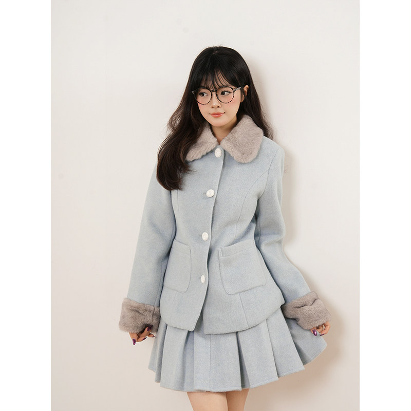 【甜美香风】蓝色冬季千金风套装古早收腰显瘦毛呢外套半裙两件套,淘宝优惠券,粉丝福利购,淘宝优惠卷
