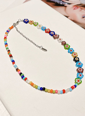 淄博琉璃制品博山玻璃水晶项链切花饰品多元素多巴胺花朵彩色男女