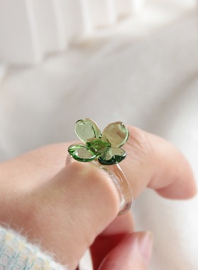 淄博琉璃水晶戒指幸运四叶草玻璃饰品工艺品纯手工设计感小众礼物