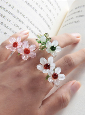 淄博琉璃花戒指原创设计玻璃桂花梨花手工小众饰品 拍照网红