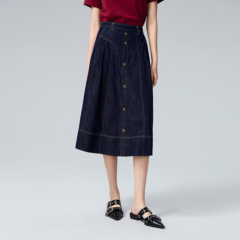 普普风商场同款女装复古优雅中长款半身裙线迹牛仔长伞裙女22522