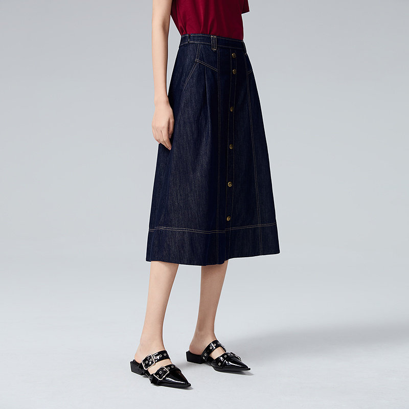 普普风商场同款女装复古优雅中长款半身裙线迹牛仔长伞裙女22522
