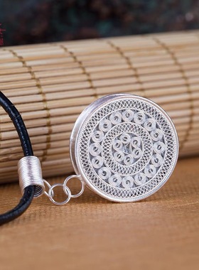 太阳鼓原创设计手工花丝手工苗绣纯银铜鼓吊坠项链送爱人送朋友