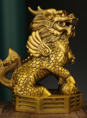 铜麒麟摆件一对公母八卦纯黄铜