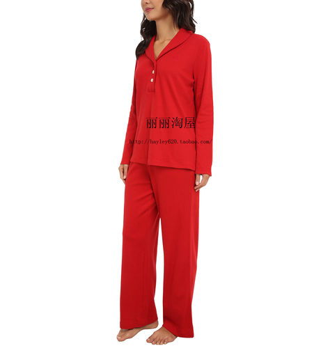 HY89外贸RL尾货 官网同步 舒适半开胸春秋长袖衫睡裤家居服套装女 - 图0