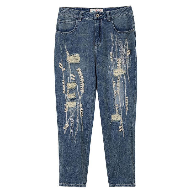 谜底20夏季新款个性纯棉绣花牛仔裤 谜底牛仔裤