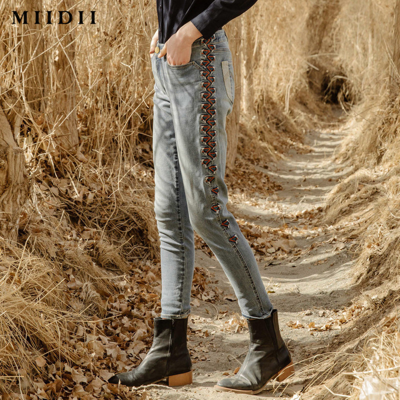 miidii /谜底新品侧缝菱形格牛仔裤 谜底牛仔裤