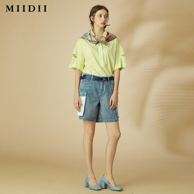 miidii /谜底20大口袋胶印宽松短裤 谜底牛仔裤