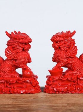 一对朱砂神兽如意镇宅摆设麒麟
