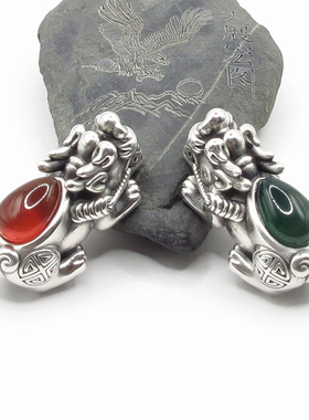 S999纯银做旧复古泰足银玉髓貔貅3D硬银招财纳福貔貅手链女款配件