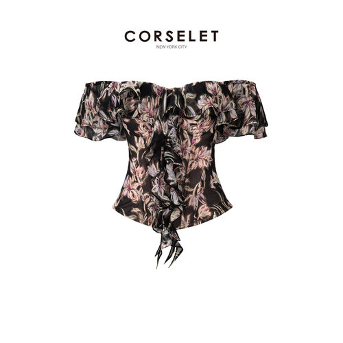 CORSELET月落繁花木耳边褶皱鱼骨胸衣春夏花卉一字肩收腰抹胸上衣 - 图1