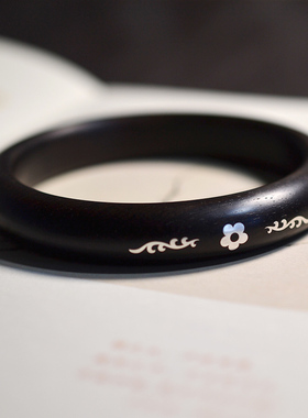 黑檀木手镯古风细圈镯子木镶嵌925银花开花纹古典气质包邮配盒