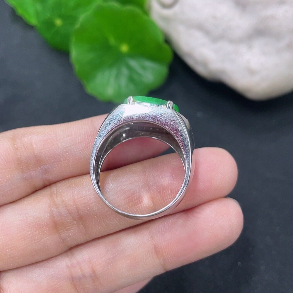 Jade natural A goods 18K gold inlaid sun green ring men's ring ring 19.5MM7.22g