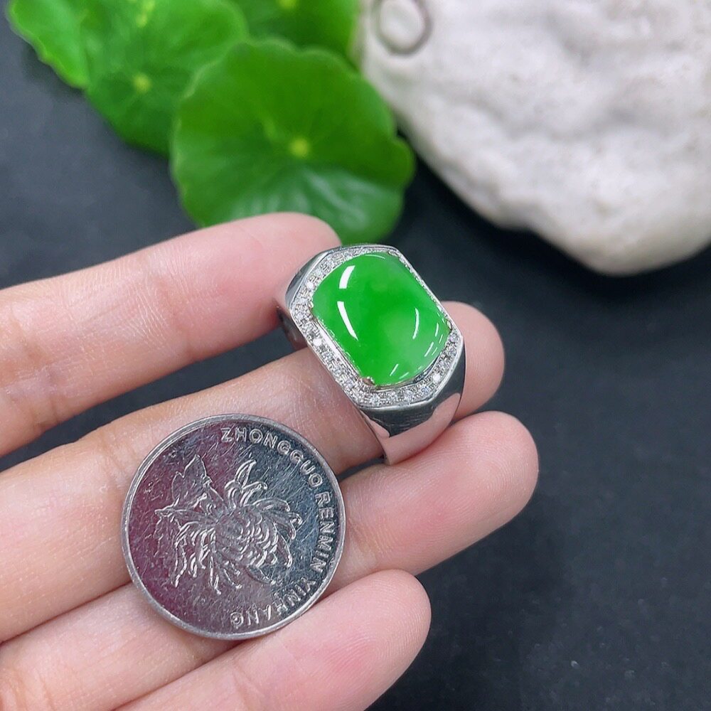 Jade natural A goods 18K gold inlaid sun green ring men's ring ring 19.5MM7.22g