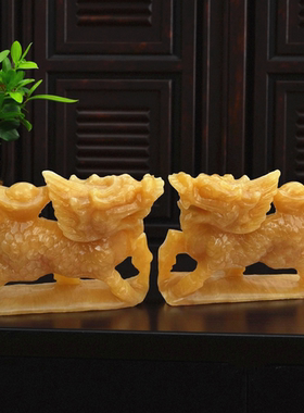 黄玉麒麟摆件天然玉石一对招财
