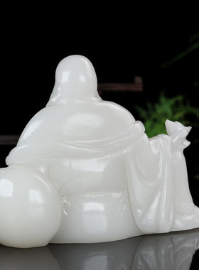 白玉弥勒佛摆件招财风水装饰品客厅书房玄关笑佛元宝佛像天然玉石