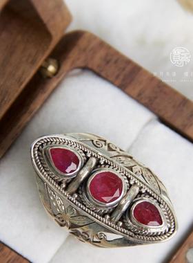 尼泊尔纯银镶嵌优化红宝石戒指二皇子同款指环宫廷汉服首饰国风