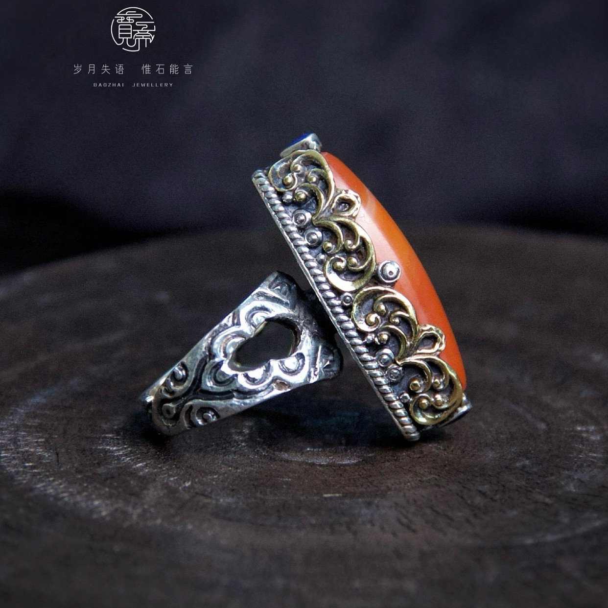 Old chalcedony ring 925 sterling silver hand-inlaid hand-made domineering Tibetan heavy industry silver thick silk wrapped unique product