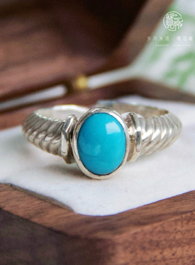 蓝松石戒指尼泊尔925纯银手工镶嵌颜色干净 银子厚实活口小巧精致