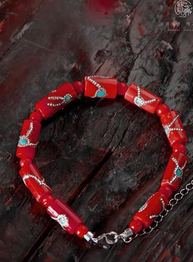 尼泊尔补丁藏式设计复古个性民族风随形纯银绿松红色手链