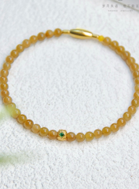 天然和田玉糖手镯3.8mm圆珠 14-17cm钛钢圈设计锤纹银镀金珠细腻