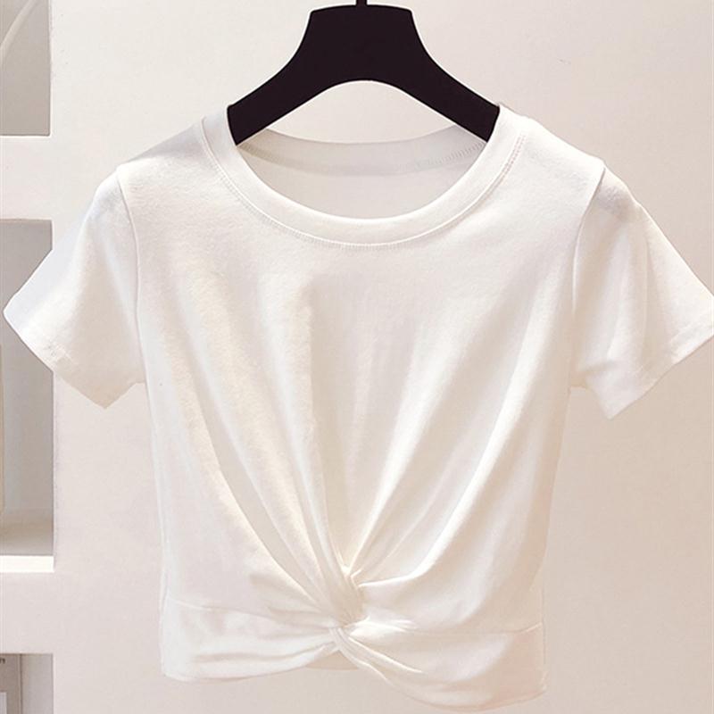 短版t恤女短袖夏季2022年新款不规则漏露脐纯棉半袖白色打结上衣 - 图0
