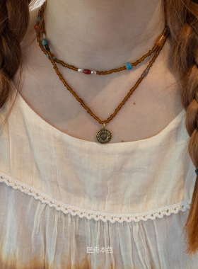 匡舟本色 小众设计复古民族风中古金属太阳花天然石双层串珠项链