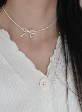 迷你小珍珠蝴蝶结项链可爱锁骨链