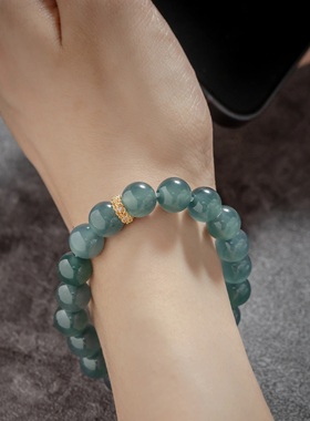 精品缅甸翡翠玉石老料蓝水圆珠单圈手串新中式国风蓝翡玉手链饰品