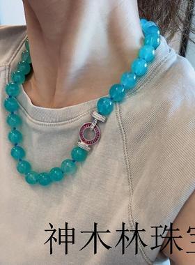 莫桑比克冰种大颗粒圆珠项链蓝色转运红宝石水晶百搭锁骨链毛衣链