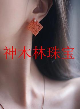 翡翠色镂空雕刻珍珠耳钉国风红色耳坠危料新中式如意雕花锁骨项链