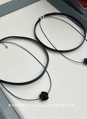 黑色山茶花双层羊皮皮绳项圈纯银