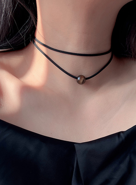 娜扎明星同款虎眼石系带黑绳项链