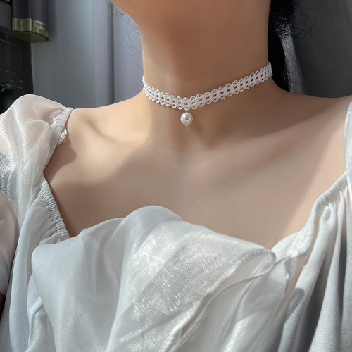 黑色脖子饰品纯银日韩国简约choker项圈项链女锁骨链蕾丝颈带颈链 - 图1