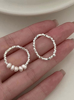 通体925纯银碎银子珍珠戒指百搭