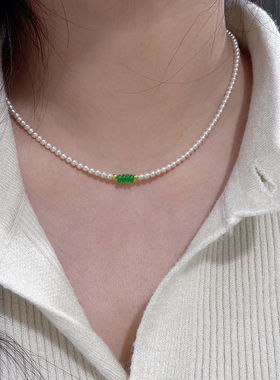 高级新中式干青翡翠水晶珍珠项链