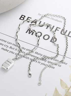 S925纯银字母方块项链女